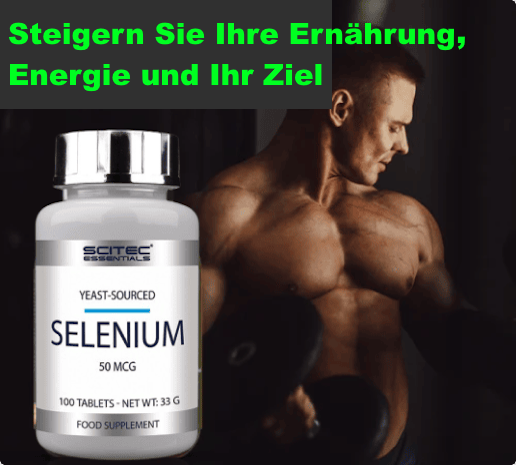 Selen Nahrungsergänzung und ein Mann mit Muskeln. Steigern Sie Ihre Ernährung, Energie und Ihr Ziel. 