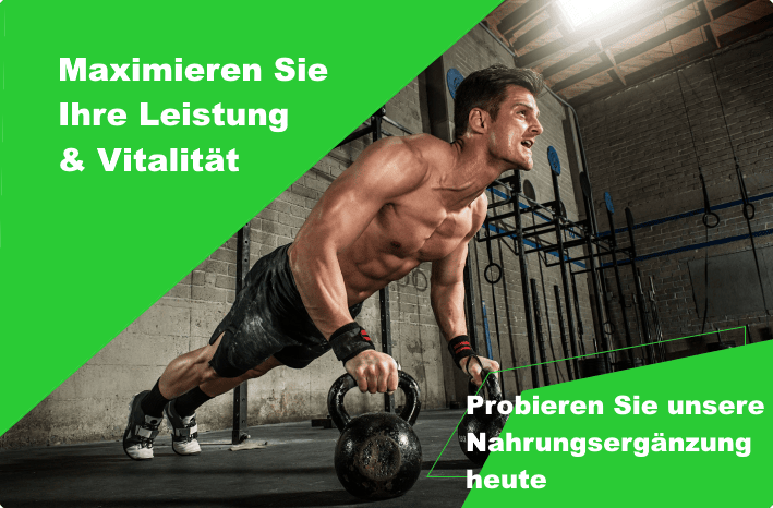 Maximieren Sie Ihre Leistung und Vitalität. Mann betreibt Kraftsport. Probieren Sie unsere Nahrungsergänzung heute.
