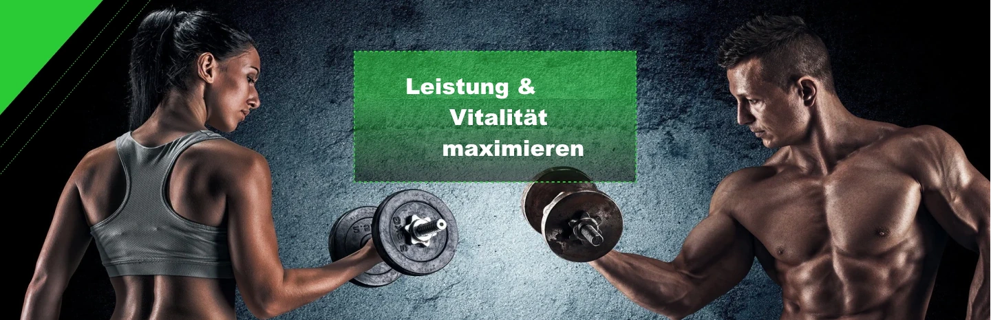 Alle Produkte - Leistung und Vitalität maximieren. Bild mit Mann und Frau die sich sportlich betätigen und ansehen